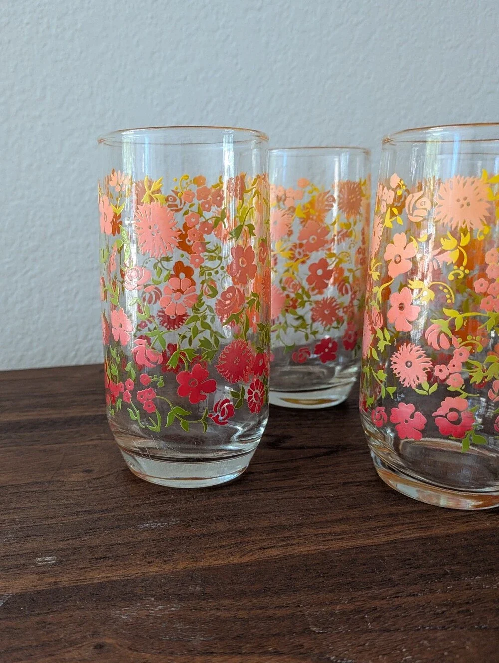 Set of 6 Retro Anchor Hocking Floral Tumblers Juice Glasses Orange Red Yellow